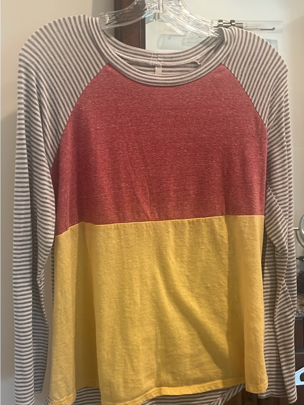 My Story Red Heather Raglan Top with Gray Stripe Collar